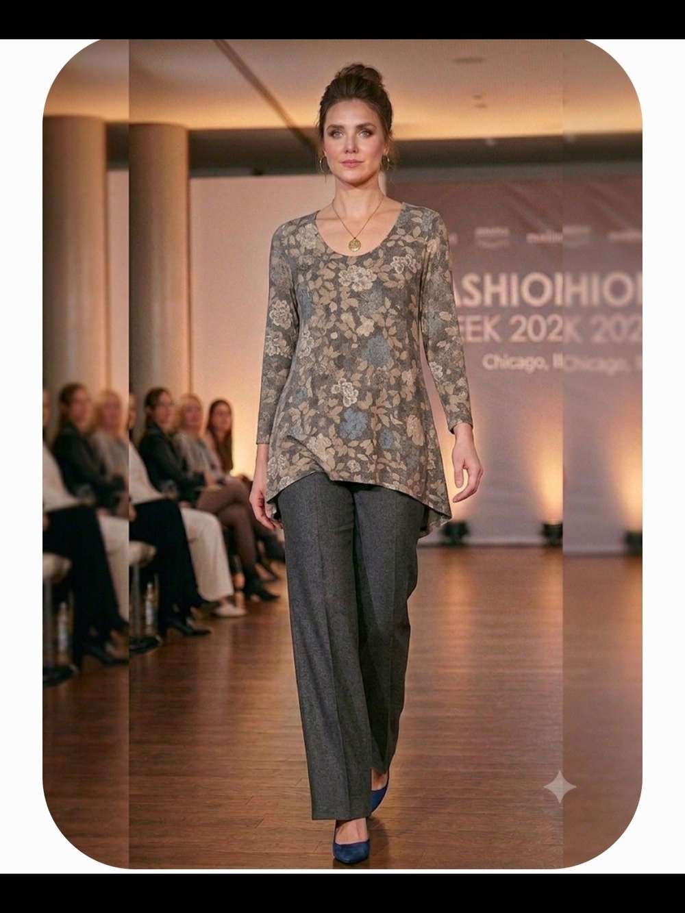 Peruvian Connection Taupe and Blue-Gray Floral Scoop Neck Top